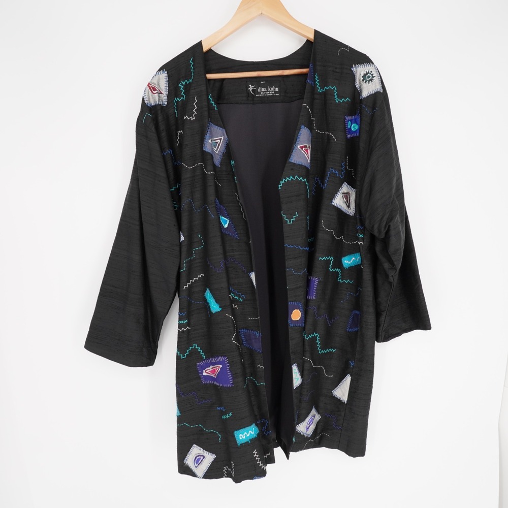 Dina Kohn Artwear Silk Taffeta Kimono Open Jacket OS Black Embroidered Vtg 90s